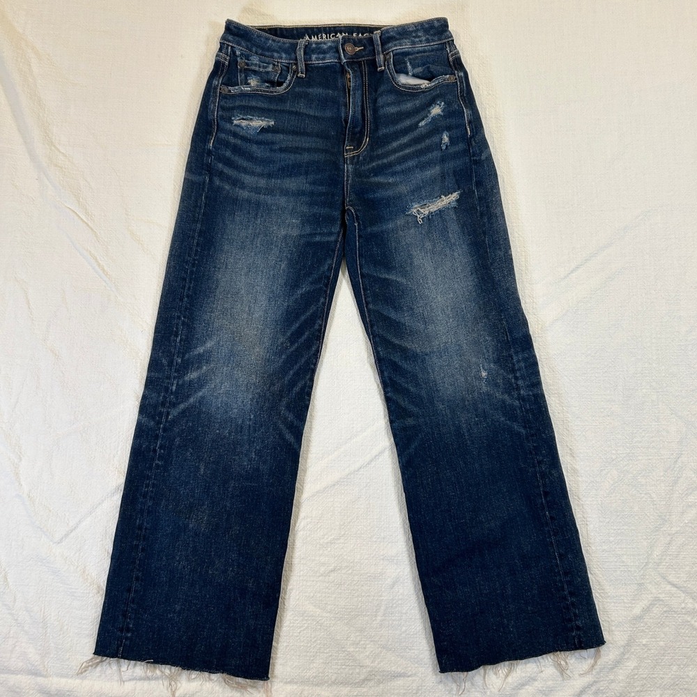 Women's American Eagle Wide Leg Crop Jeans Dark Wash Distressed Raw Hem 00